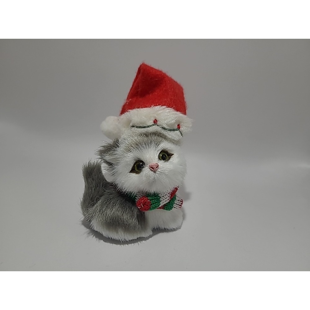 Vintage Faux Fur‎ Christmas Cat Figurine Christmas Decor